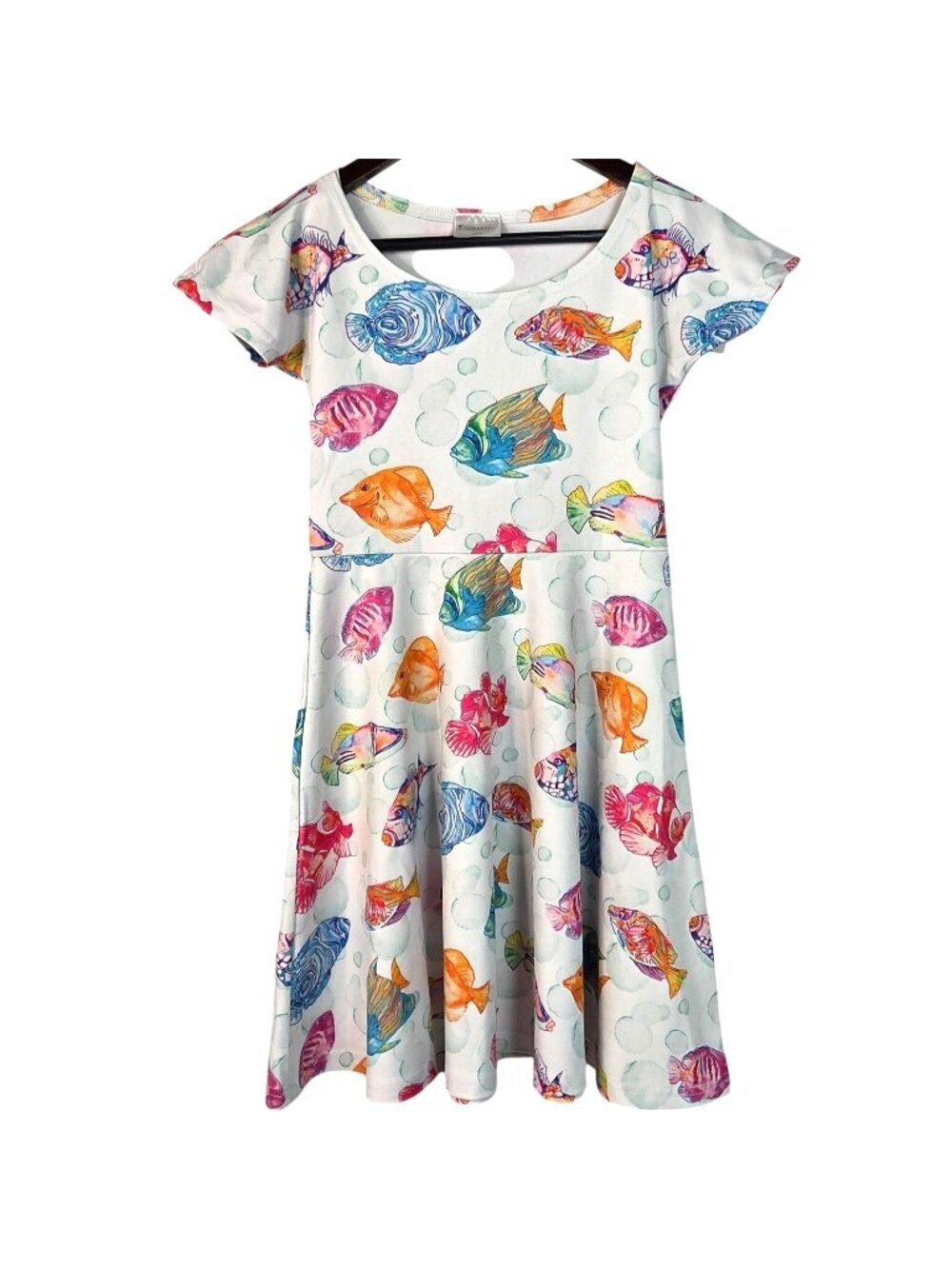 COW COW Girl's White Ocean Fish Beach Print Short Sleeve Skater Dress Size Small